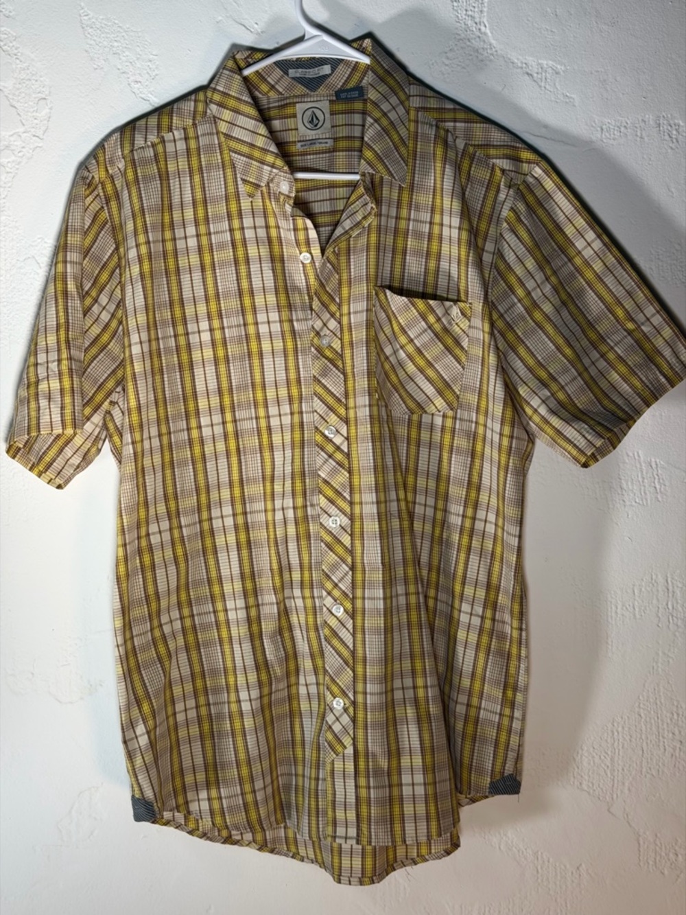 Volcom Men's Yellow and Brown Plaid Short Sleeve Button-Up Shirt - Picture 2 of 16